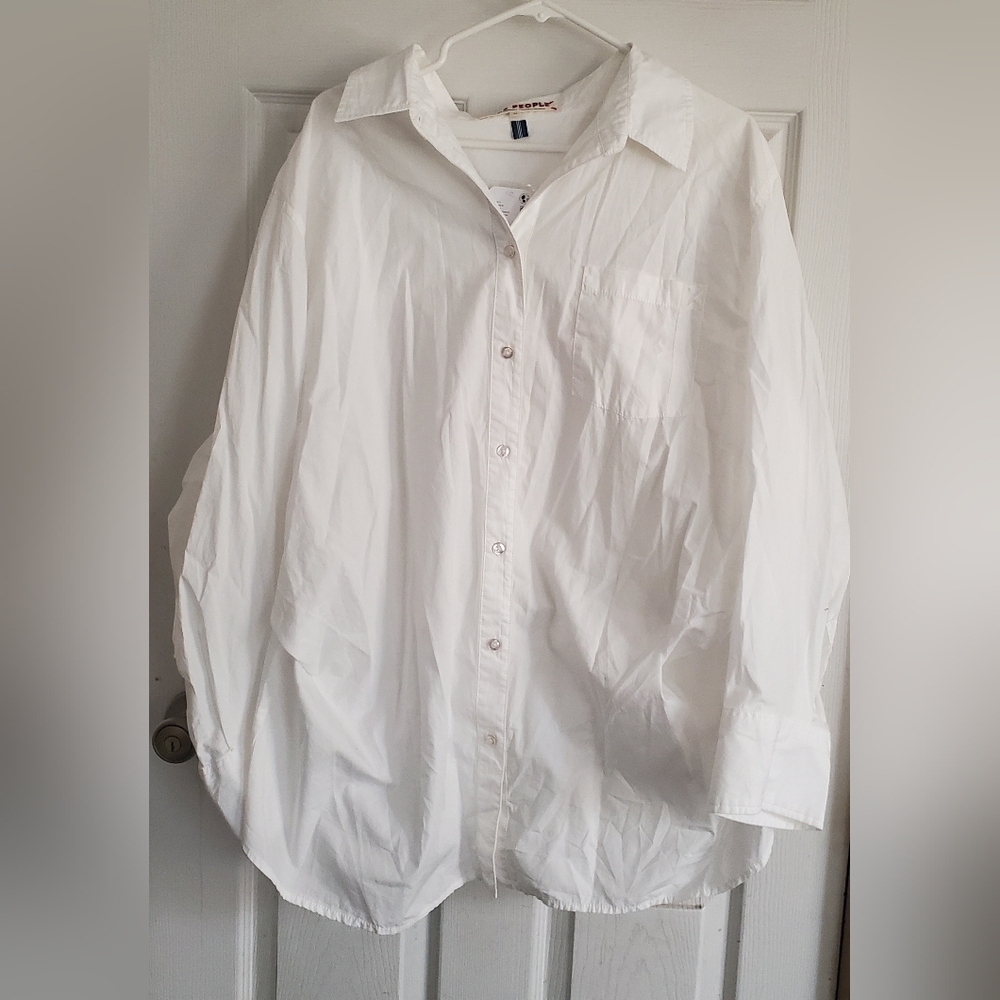 Free People Loose Fit Womans Button Down White Blouse, Size Xl